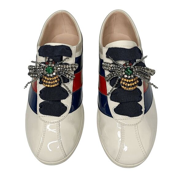Gucci Falacer Patent Leather Sneakers 38 White Red Blue Bee Crystal Low Top - Picture 2 of 11